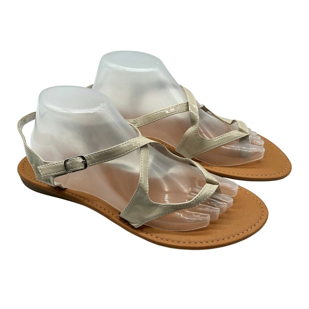 Star Bay Womens Sandals Strappy Thong Ankle Strap Faux Leather Beige Size 10